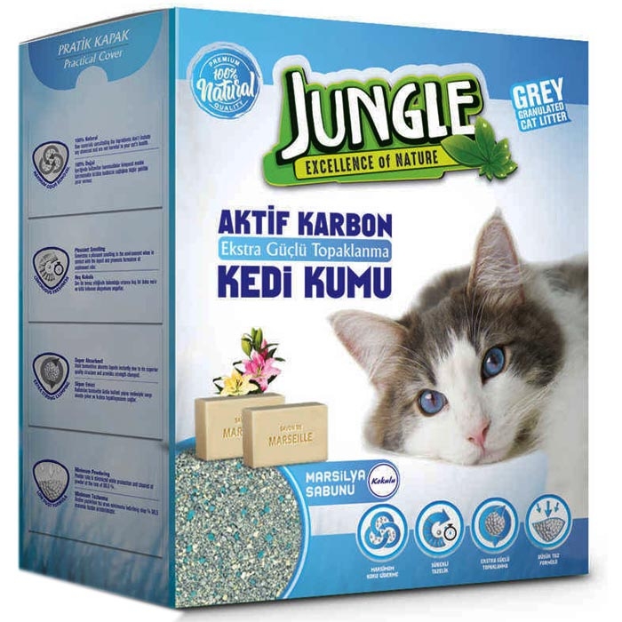 JUNGLE -  6 Lt Activated Carbon Grey Cat Litter Marsellia Soap 3 PCS